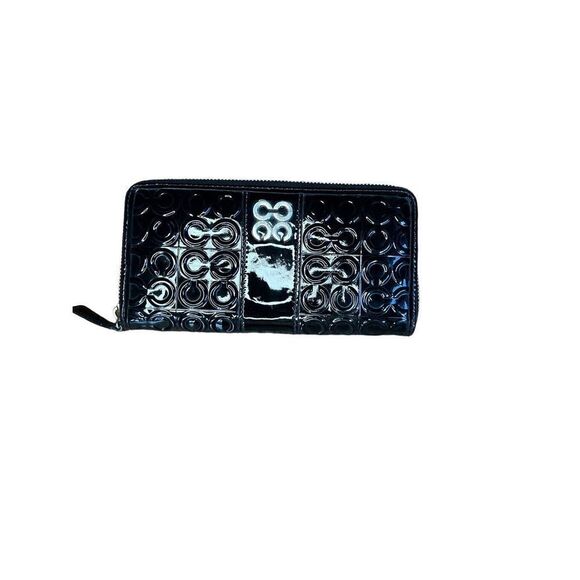 coach black signature patent leather zip around wallet - Picture 1 of 10